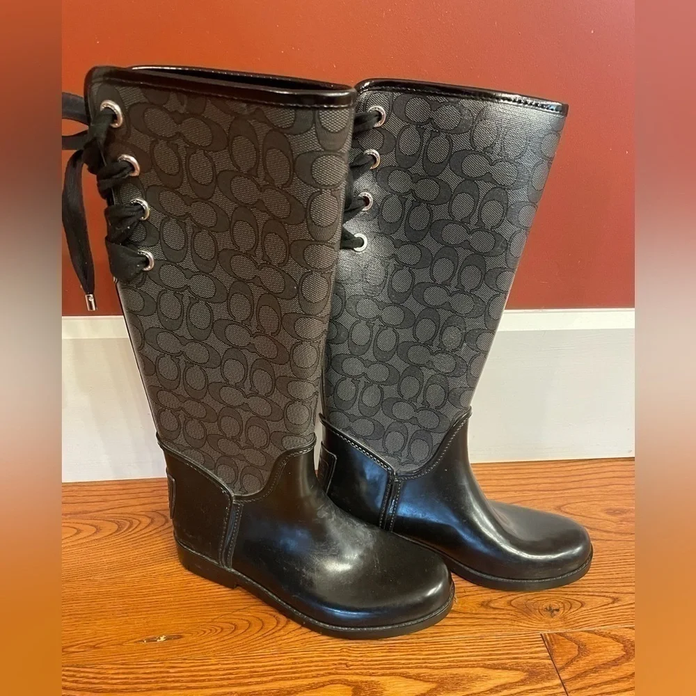 Authentic Coach Gray/Black Signature Outline “Tristee” Rain Boots